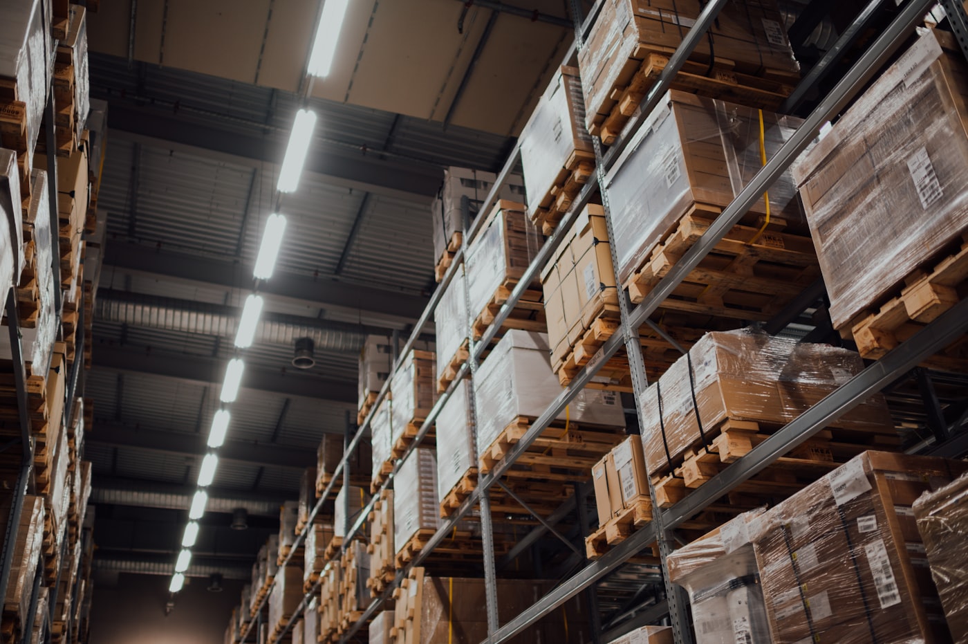 Warehouse storage racks filled with cartons