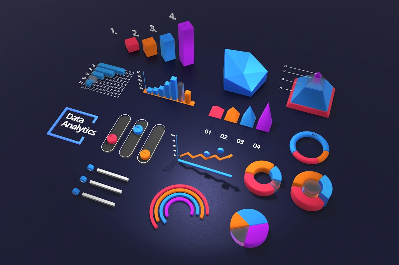 Colourful 3D data charts and analytics