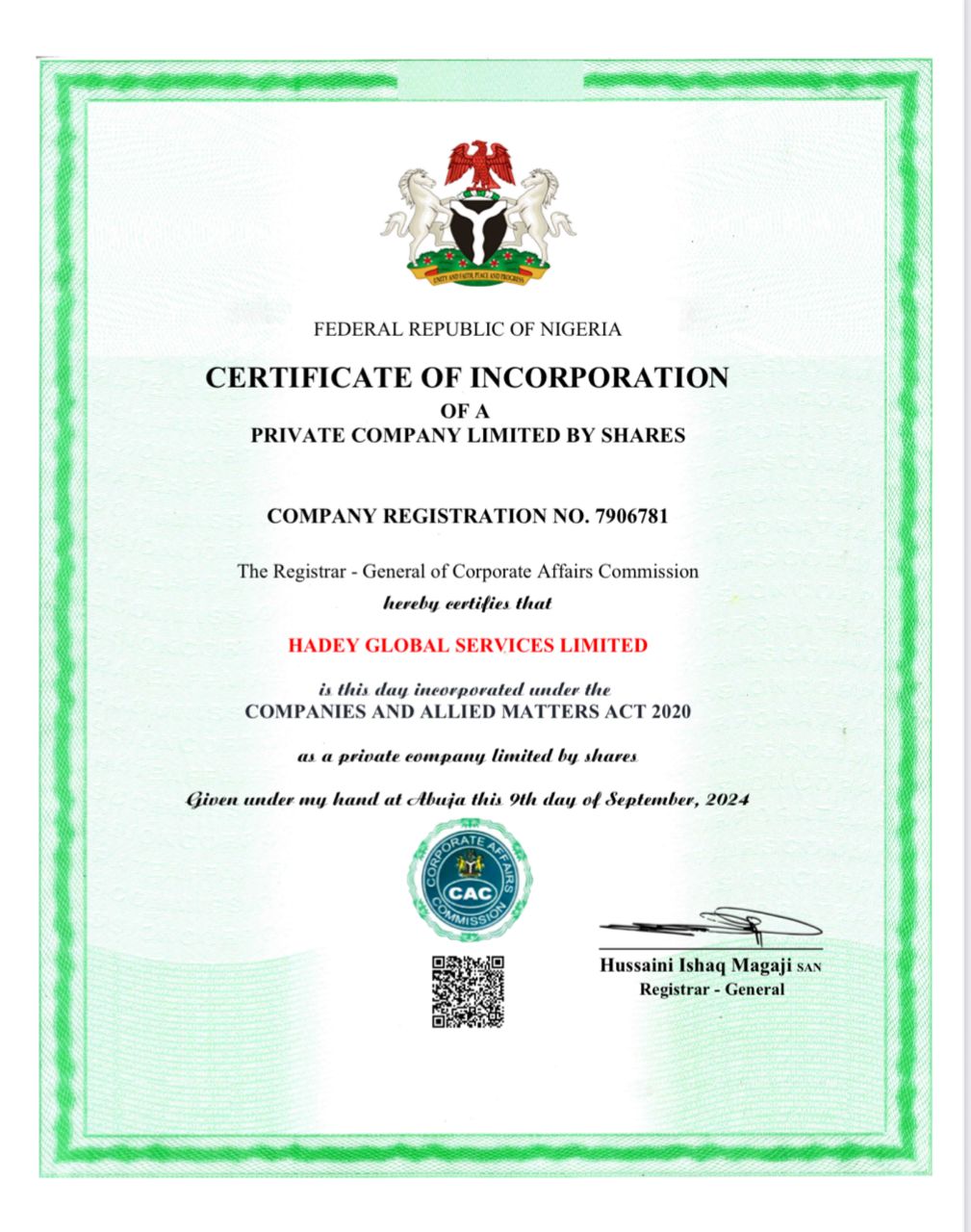 Hadey Travels Global — Company Registration Certificate